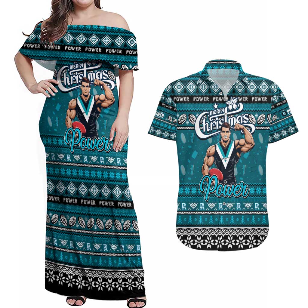 Personalized Power Rugby Xmas Couples Matching Off Shoulder Maxi Dress and Hawaiian Shirt Australia AFL Mascot