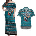 Personalized Power Rugby Xmas Couples Matching Off Shoulder Maxi Dress and Hawaiian Shirt Australia AFL Mascot