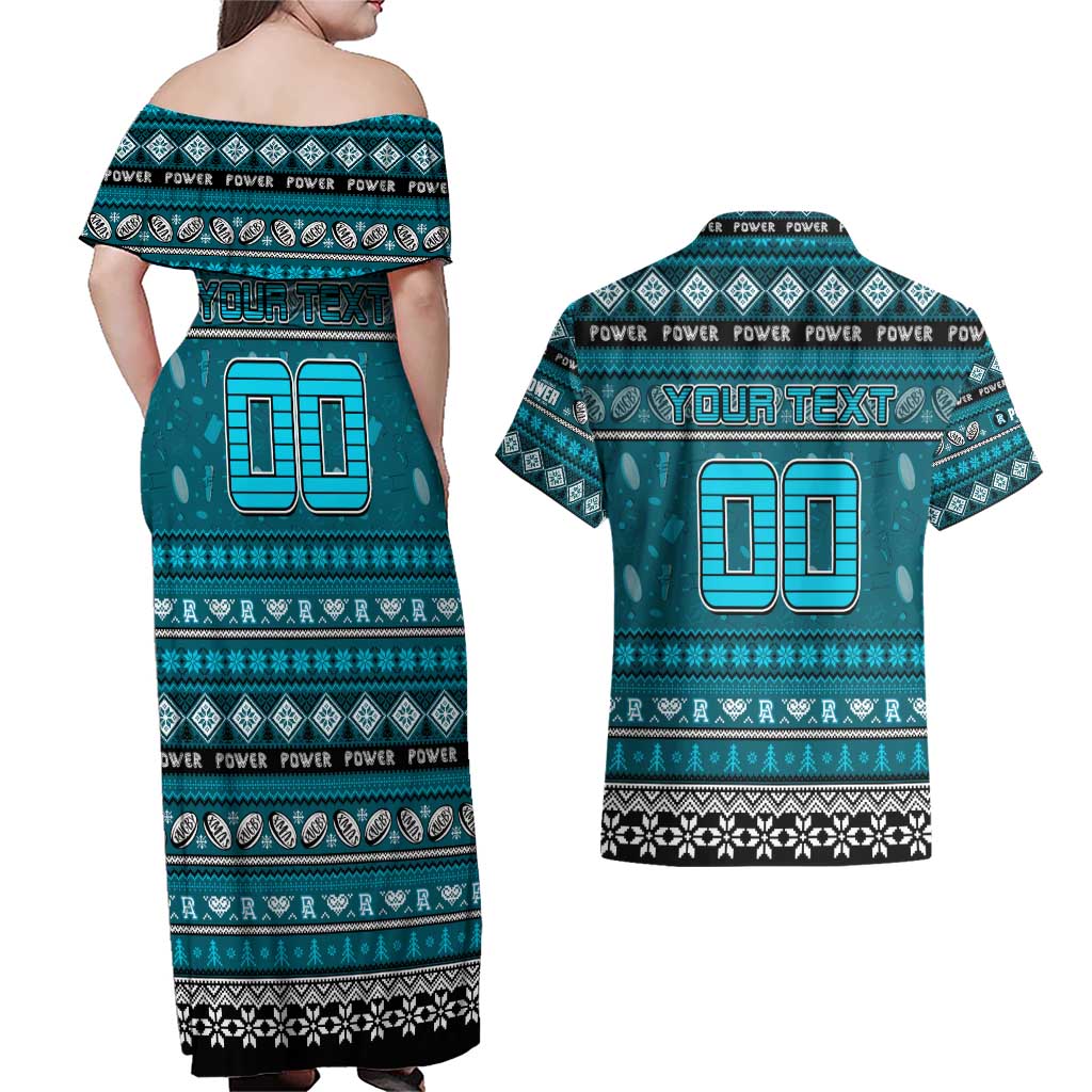Personalized Power Rugby Xmas Couples Matching Off Shoulder Maxi Dress and Hawaiian Shirt Australia AFL Mascot