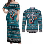 Personalized Power Rugby Xmas Couples Matching Off Shoulder Maxi Dress and Long Sleeve Button Shirt Australia AFL Mascot