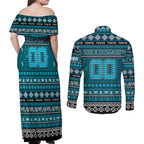 Personalized Power Rugby Xmas Couples Matching Off Shoulder Maxi Dress and Long Sleeve Button Shirt Australia AFL Mascot