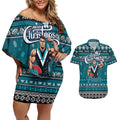 Personalized Power Rugby Xmas Couples Matching Off Shoulder Short Dress and Hawaiian Shirt Australia AFL Mascot