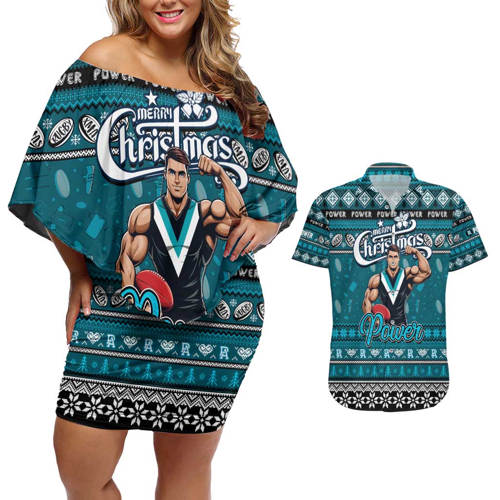 Personalized Power Rugby Xmas Couples Matching Off Shoulder Short Dress and Hawaiian Shirt Australia AFL Mascot