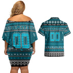 Personalized Power Rugby Xmas Couples Matching Off Shoulder Short Dress and Hawaiian Shirt Australia AFL Mascot