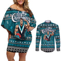 Personalized Power Rugby Xmas Couples Matching Off Shoulder Short Dress and Long Sleeve Button Shirt Australia AFL Mascot