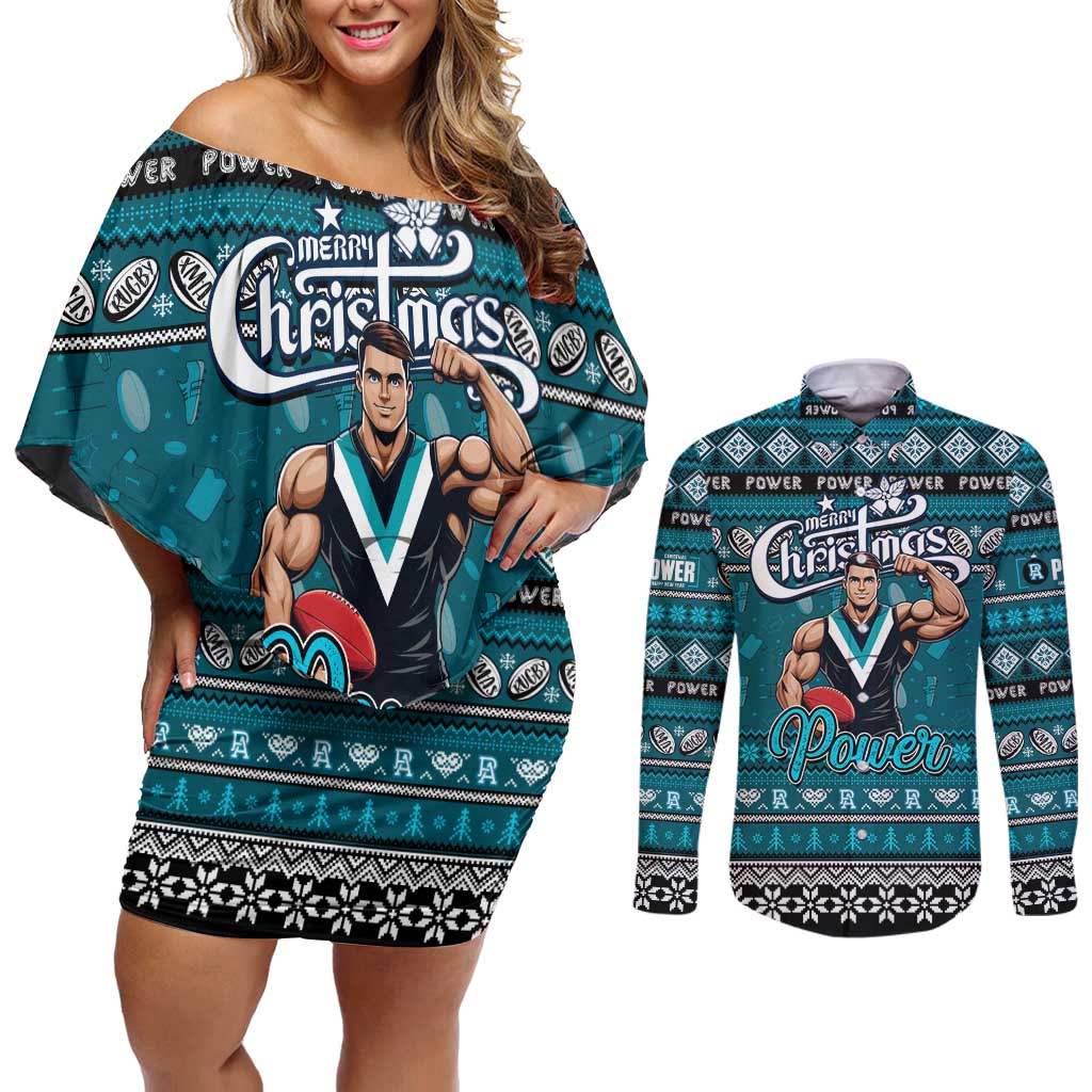 Personalized Power Rugby Xmas Couples Matching Off Shoulder Short Dress and Long Sleeve Button Shirt Australia AFL Mascot