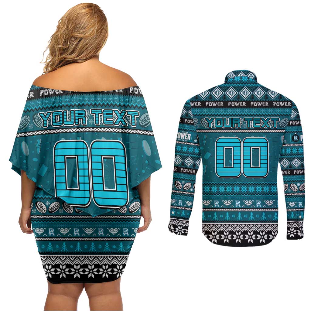 Personalized Power Rugby Xmas Couples Matching Off Shoulder Short Dress and Long Sleeve Button Shirt Australia AFL Mascot