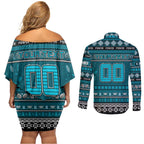 Personalized Power Rugby Xmas Couples Matching Off Shoulder Short Dress and Long Sleeve Button Shirt Australia AFL Mascot