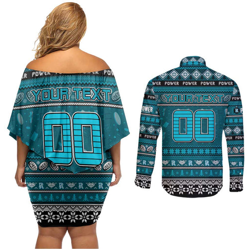 Personalized Power Rugby Xmas Couples Matching Off Shoulder Short Dress and Long Sleeve Button Shirt Australia AFL Mascot