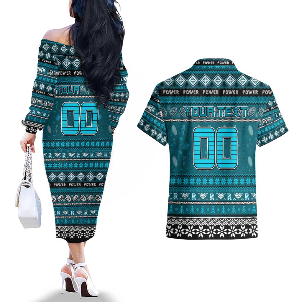 Personalized Power Rugby Xmas Couples Matching Off The Shoulder Long Sleeve Dress and Hawaiian Shirt Australia AFL Mascot