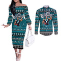 Personalized Power Rugby Xmas Couples Matching Off The Shoulder Long Sleeve Dress and Long Sleeve Button Shirt Australia AFL Mascot