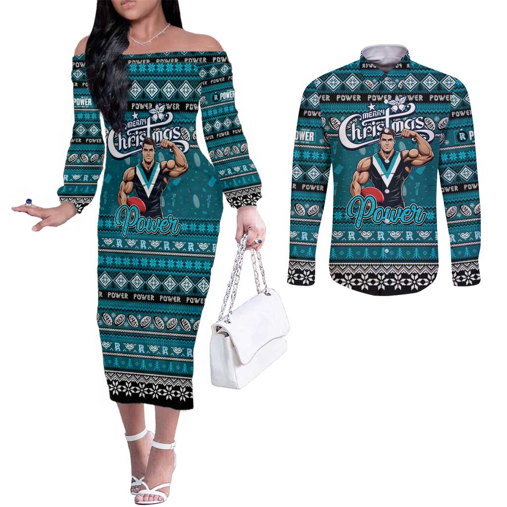 Personalized Power Rugby Xmas Couples Matching Off The Shoulder Long Sleeve Dress and Long Sleeve Button Shirt Australia AFL Mascot