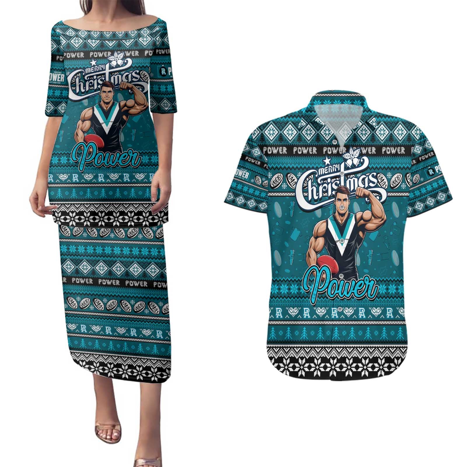 Personalized Power Rugby Xmas Couples Matching Puletasi and Hawaiian Shirt Australia AFL Mascot