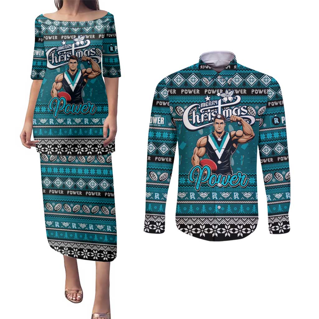 Personalized Power Rugby Xmas Couples Matching Puletasi and Long Sleeve Button Shirt Australia AFL Mascot