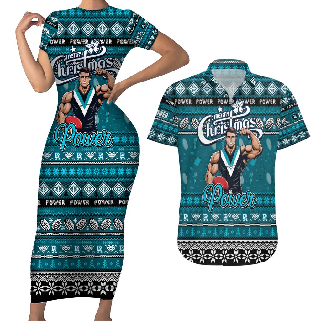 Personalized Power Rugby Xmas Couples Matching Short Sleeve Bodycon Dress and Hawaiian Shirt Australia AFL Mascot