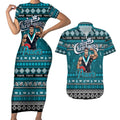 Personalized Power Rugby Xmas Couples Matching Short Sleeve Bodycon Dress and Hawaiian Shirt Australia AFL Mascot