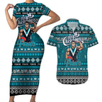 Personalized Power Rugby Xmas Couples Matching Short Sleeve Bodycon Dress and Hawaiian Shirt Australia AFL Mascot