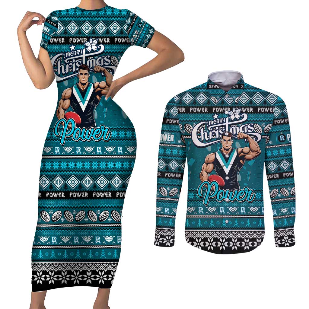 Personalized Power Rugby Xmas Couples Matching Short Sleeve Bodycon Dress and Long Sleeve Button Shirt Australia AFL Mascot