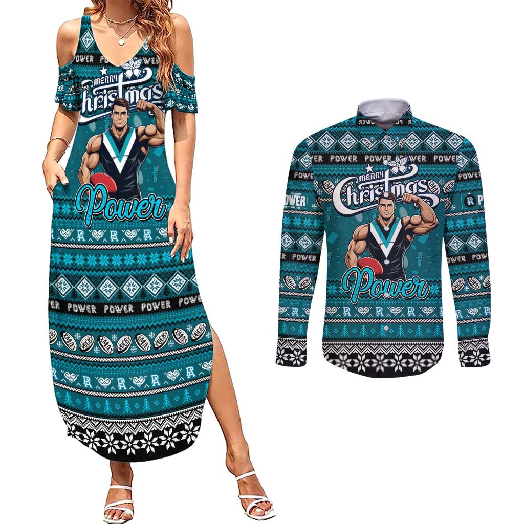 Personalized Power Rugby Xmas Couples Matching Summer Maxi Dress and Long Sleeve Button Shirt Australia AFL Mascot