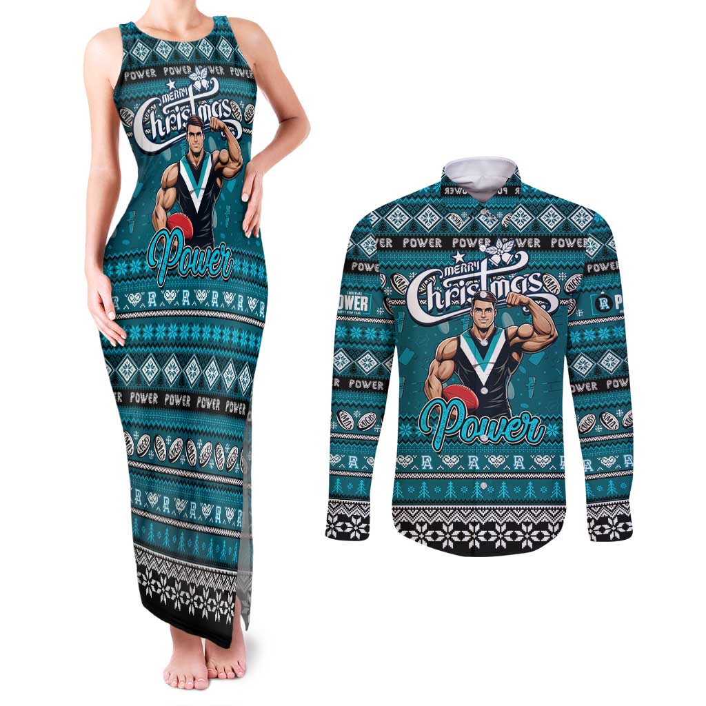 Personalized Power Rugby Xmas Couples Matching Tank Maxi Dress and Long Sleeve Button Shirt Australia AFL Mascot