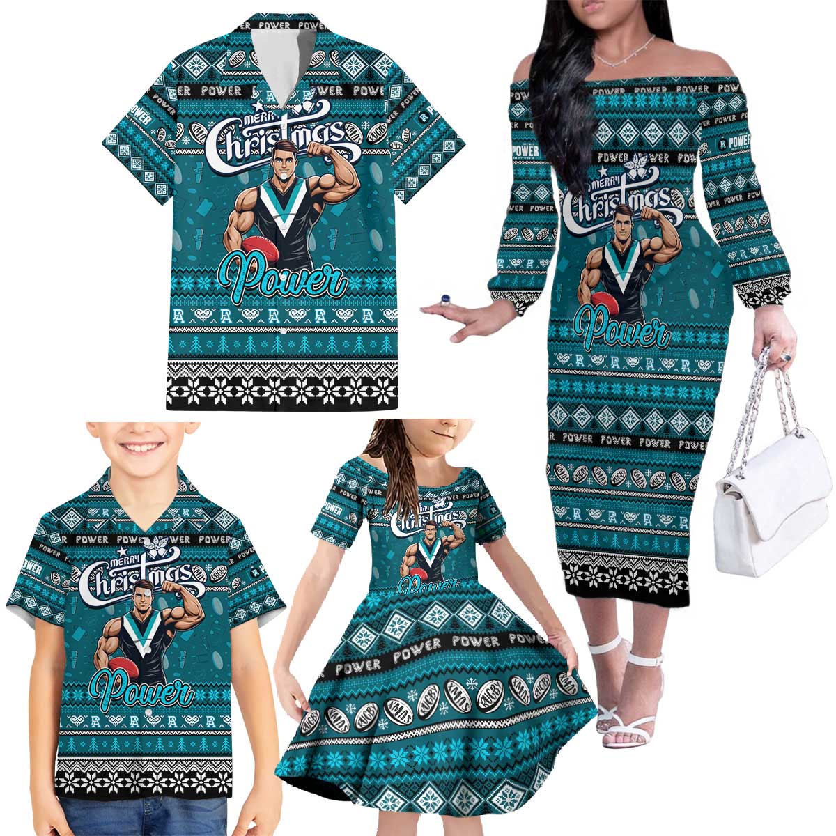 Personalized Power Rugby Xmas Family Matching Off The Shoulder Long Sleeve Dress and Hawaiian Shirt Australia AFL Mascot