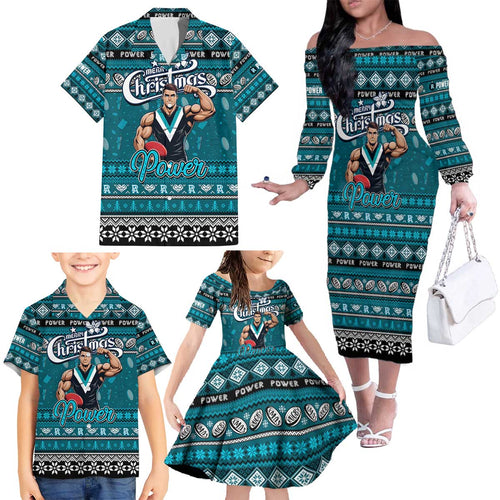 Personalized Power Rugby Xmas Family Matching Off The Shoulder Long Sleeve Dress and Hawaiian Shirt Australia AFL Mascot