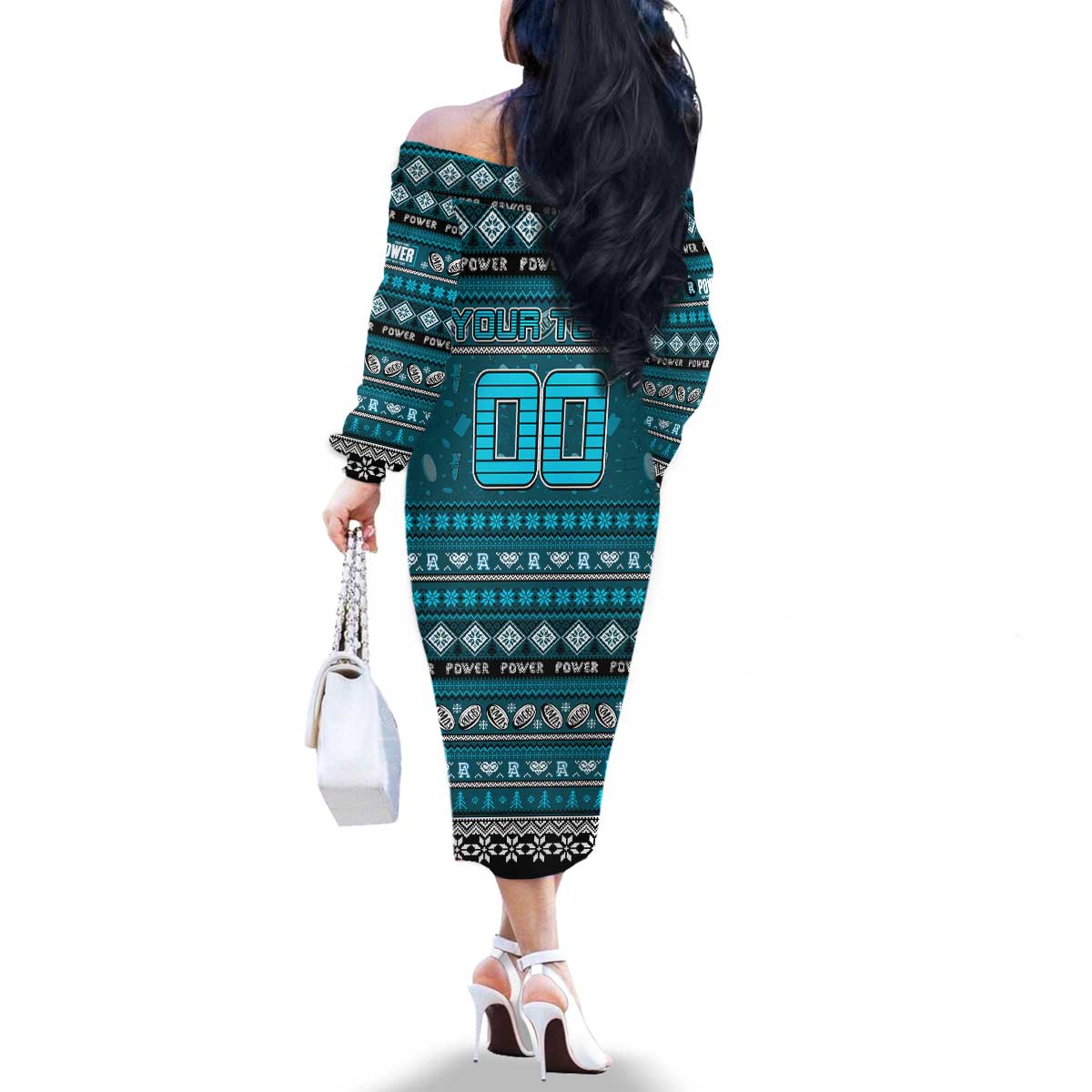 Personalized Power Rugby Xmas Family Matching Off The Shoulder Long Sleeve Dress and Hawaiian Shirt Australia AFL Mascot