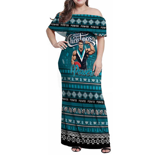Personalized Power Rugby Xmas Family Matching Off Shoulder Maxi Dress and Hawaiian Shirt Australia AFL Mascot
