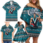 Personalized Power Rugby Xmas Family Matching Off Shoulder Short Dress and Hawaiian Shirt Australia AFL Mascot