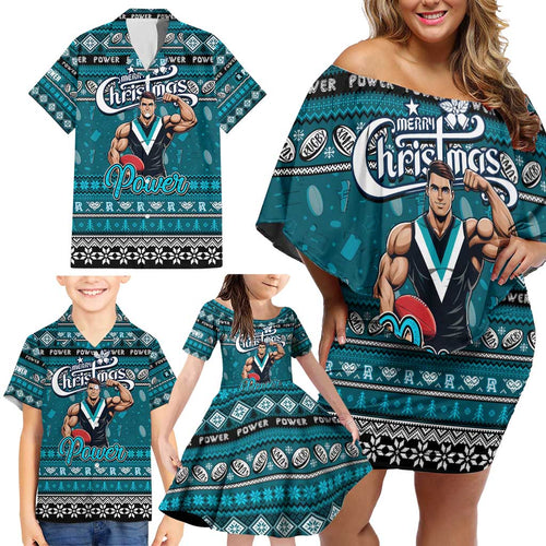 Personalized Power Rugby Xmas Family Matching Off Shoulder Short Dress and Hawaiian Shirt Australia AFL Mascot