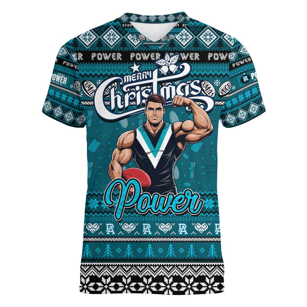 Personalized Power Rugby Xmas Women V-Neck T-Shirt Australia AFL Mascot