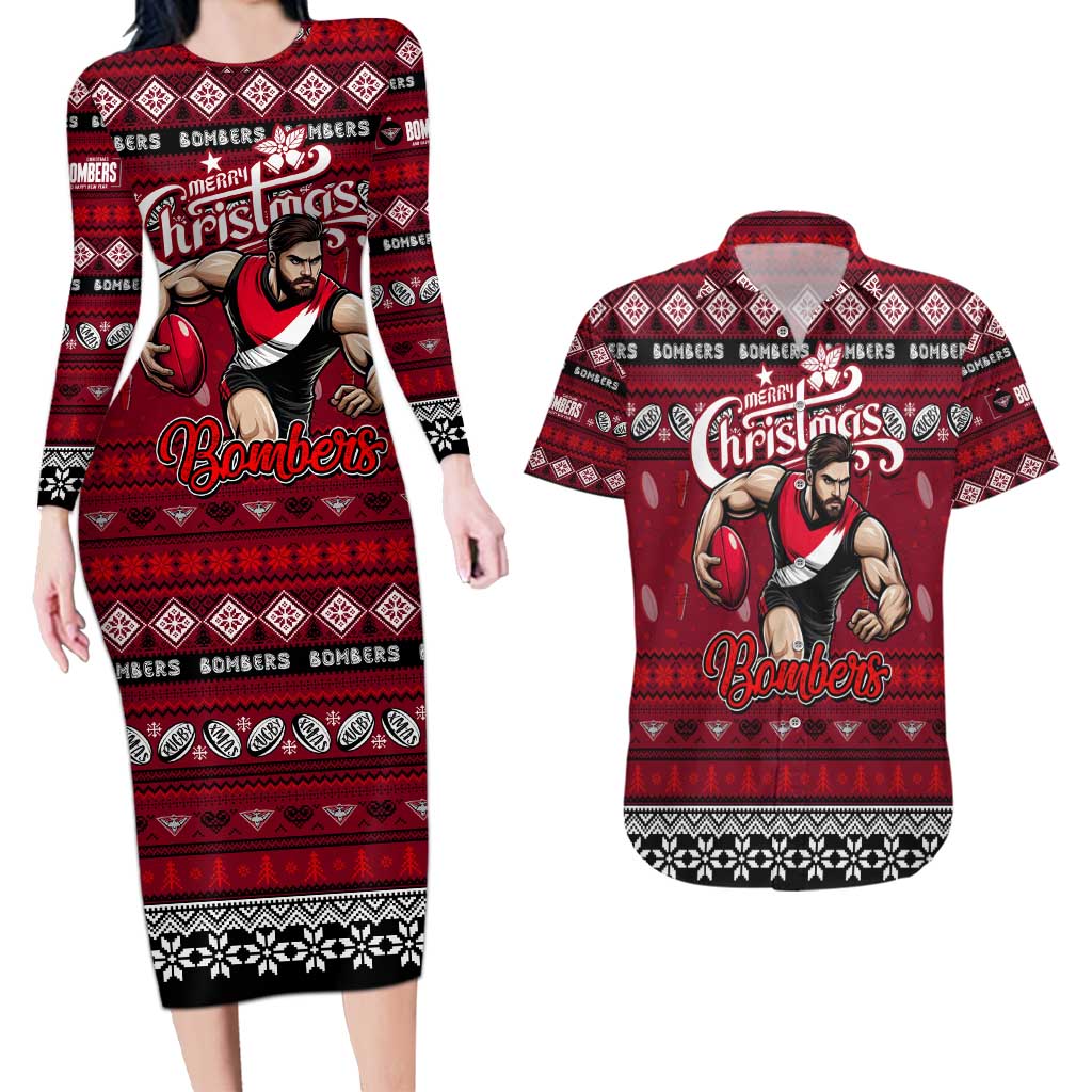 Personalized Bombers Rugby Xmas Couples Matching Long Sleeve Bodycon Dress and Hawaiian Shirt Australia AFL Mascot