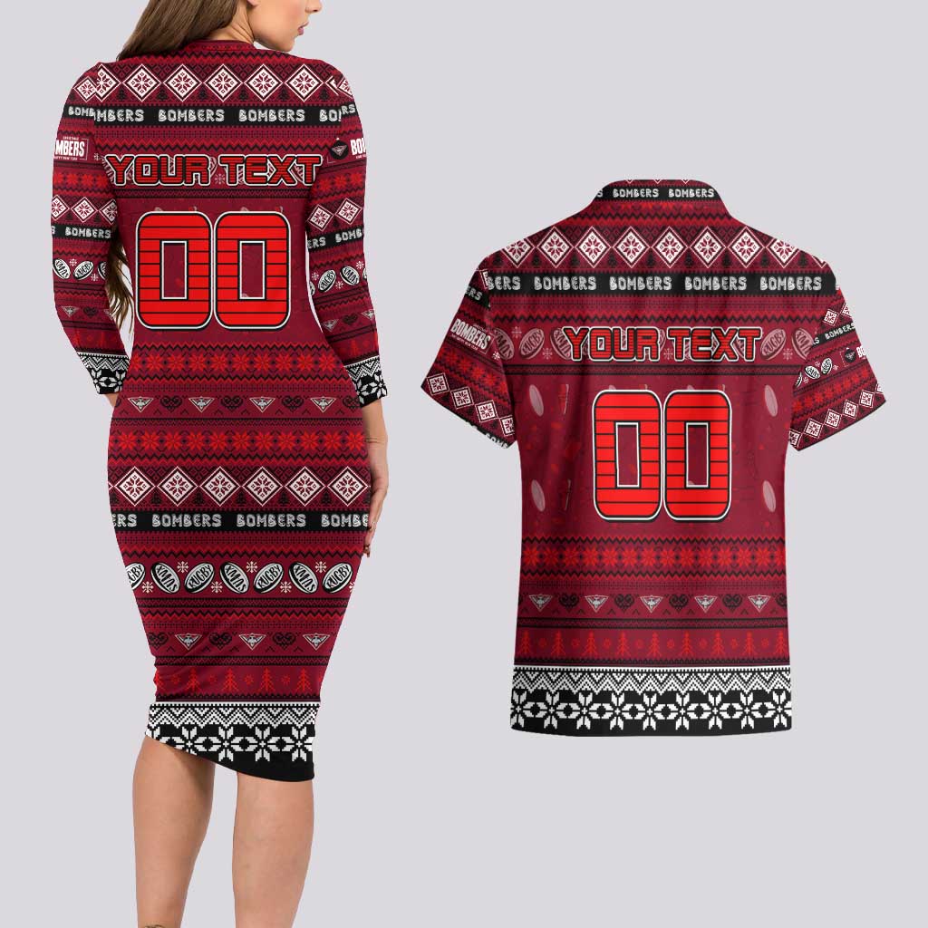 Personalized Bombers Rugby Xmas Couples Matching Long Sleeve Bodycon Dress and Hawaiian Shirt Australia AFL Mascot