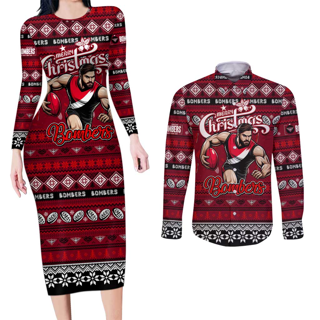 Personalized Bombers Rugby Xmas Couples Matching Long Sleeve Bodycon Dress and Long Sleeve Button Shirt Australia AFL Mascot