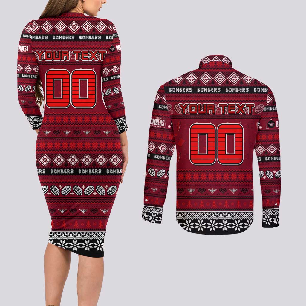 Personalized Bombers Rugby Xmas Couples Matching Long Sleeve Bodycon Dress and Long Sleeve Button Shirt Australia AFL Mascot