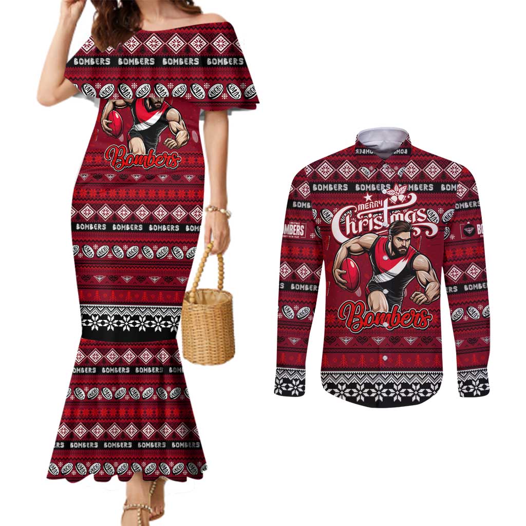 Personalized Bombers Rugby Xmas Couples Matching Mermaid Dress and Long Sleeve Button Shirt Australia AFL Mascot