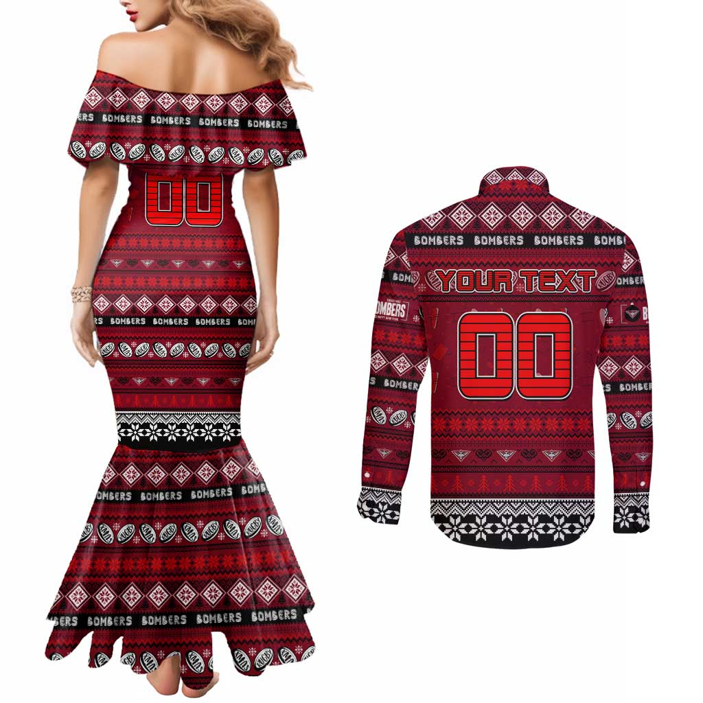 Personalized Bombers Rugby Xmas Couples Matching Mermaid Dress and Long Sleeve Button Shirt Australia AFL Mascot