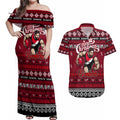 Personalized Bombers Rugby Xmas Couples Matching Off Shoulder Maxi Dress and Hawaiian Shirt Australia AFL Mascot