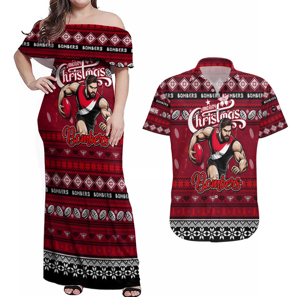 Personalized Bombers Rugby Xmas Couples Matching Off Shoulder Maxi Dress and Hawaiian Shirt Australia AFL Mascot