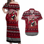 Personalized Bombers Rugby Xmas Couples Matching Off Shoulder Maxi Dress and Hawaiian Shirt Australia AFL Mascot