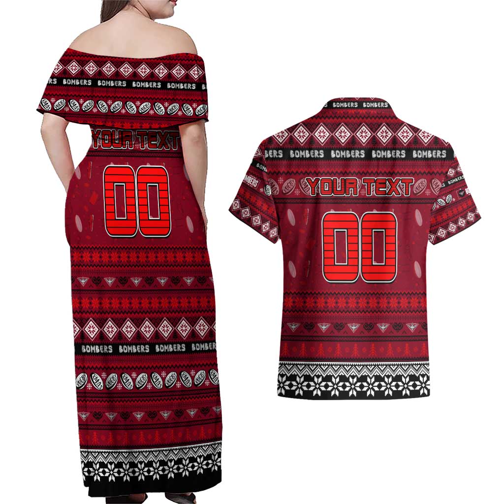 Personalized Bombers Rugby Xmas Couples Matching Off Shoulder Maxi Dress and Hawaiian Shirt Australia AFL Mascot