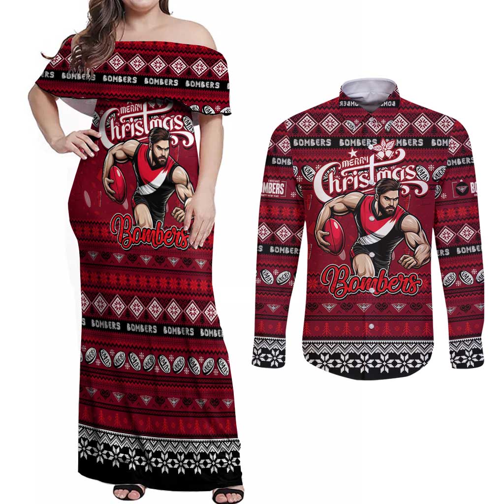 Personalized Bombers Rugby Xmas Couples Matching Off Shoulder Maxi Dress and Long Sleeve Button Shirt Australia AFL Mascot