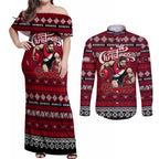 Personalized Bombers Rugby Xmas Couples Matching Off Shoulder Maxi Dress and Long Sleeve Button Shirt Australia AFL Mascot