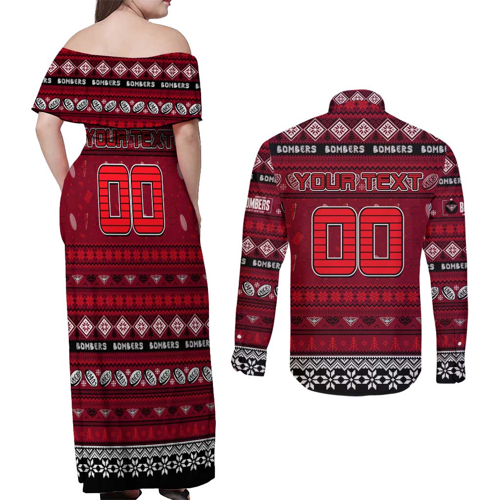 Personalized Bombers Rugby Xmas Couples Matching Off Shoulder Maxi Dress and Long Sleeve Button Shirt Australia AFL Mascot