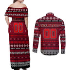 Personalized Bombers Rugby Xmas Couples Matching Off Shoulder Maxi Dress and Long Sleeve Button Shirt Australia AFL Mascot
