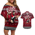Personalized Bombers Rugby Xmas Couples Matching Off Shoulder Short Dress and Hawaiian Shirt Australia AFL Mascot