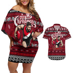 Personalized Bombers Rugby Xmas Couples Matching Off Shoulder Short Dress and Hawaiian Shirt Australia AFL Mascot
