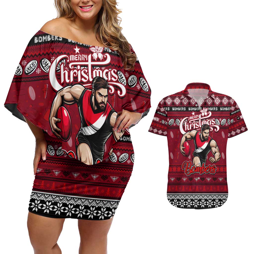 Personalized Bombers Rugby Xmas Couples Matching Off Shoulder Short Dress and Hawaiian Shirt Australia AFL Mascot