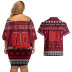 Personalized Bombers Rugby Xmas Couples Matching Off Shoulder Short Dress and Hawaiian Shirt Australia AFL Mascot
