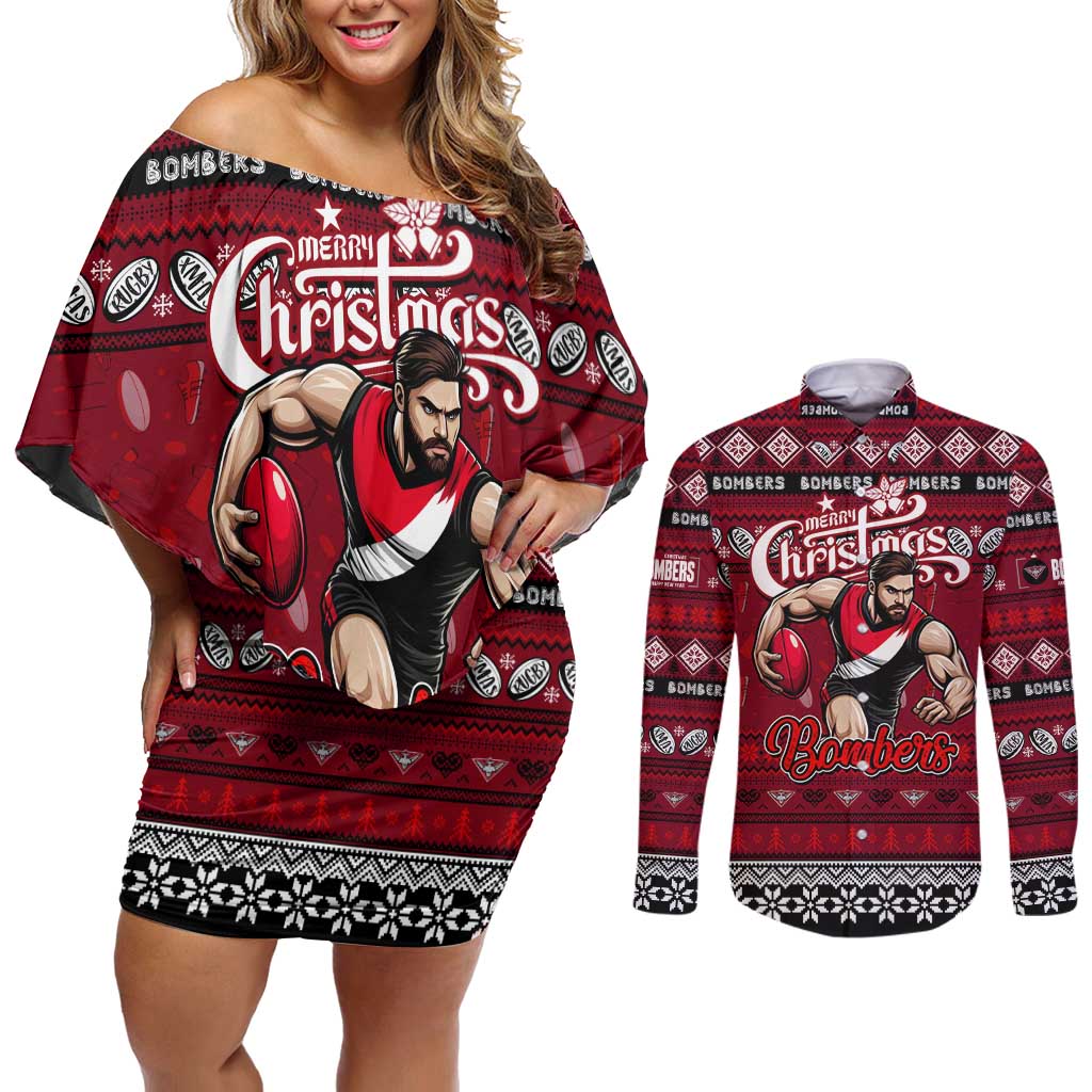 Personalized Bombers Rugby Xmas Couples Matching Off Shoulder Short Dress and Long Sleeve Button Shirt Australia AFL Mascot